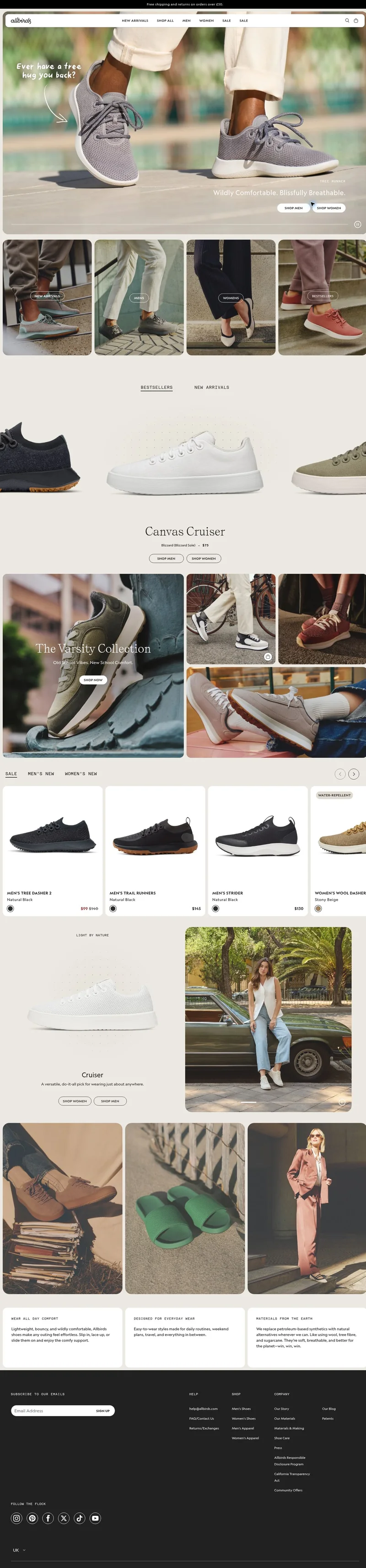 Allbirds homepage screenshot showing its navigation, imagery and content.