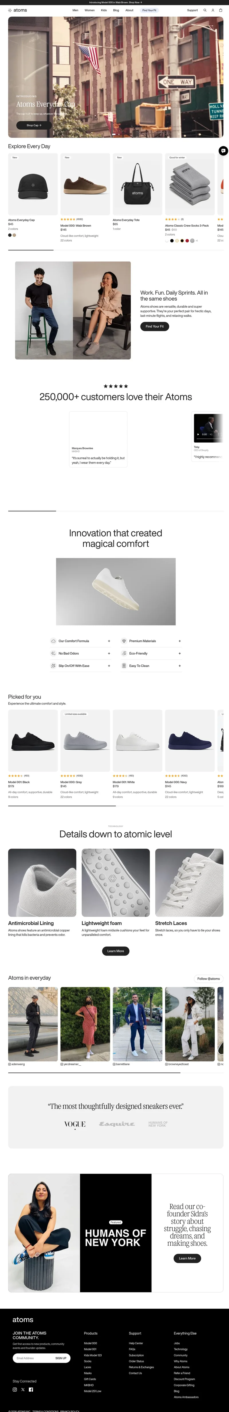 Atoms homepage screenshot showing its navigation, imagery and content.