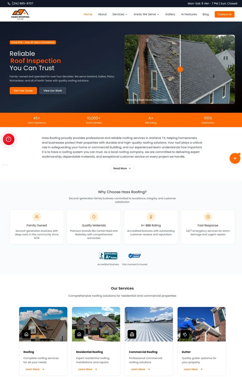 Hass Roofing homepage screenshot showing its navigation, imagery and content.
