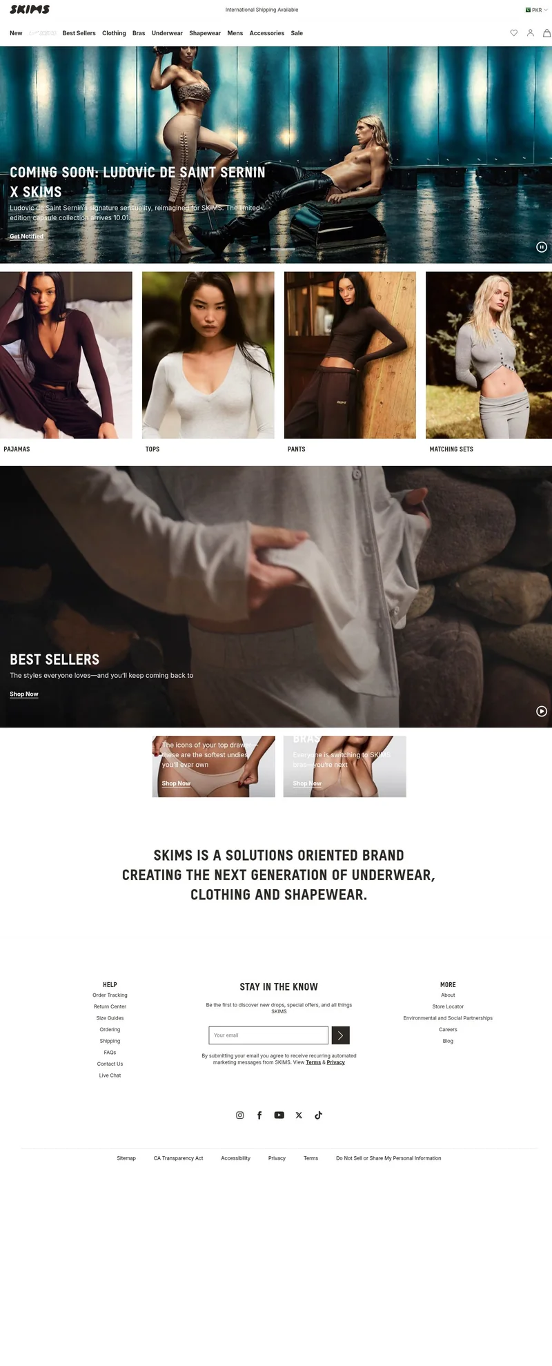 SKIMS homepage screenshot showing its navigation, imagery and content.